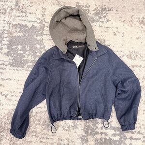 Zara Dark Blue Jacket with gray hood NWT